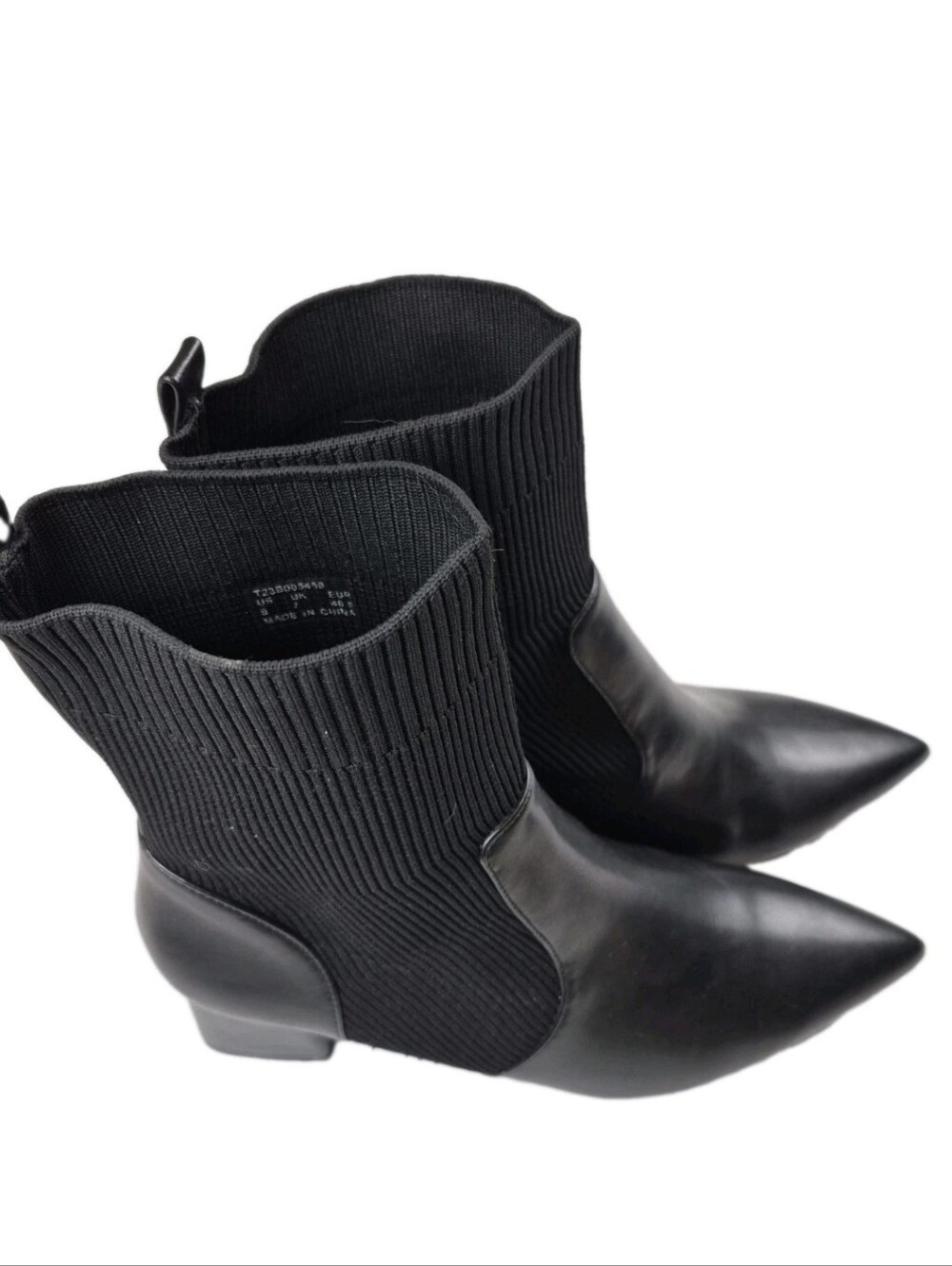Trary Womens Sz 9 Black Pointed Toe Knit Shaft Pull On Ankle Boots Chunk Heel